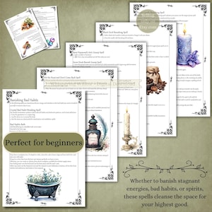 May include: A collection of printed spell pages featuring instructions for banishing bad habits, gossip, and stagnant energies. Each page includes decorative black borders, illustrations of candles, herbs, and ritual items, and clear text detailing various magical practices.