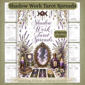 May include: A digital download titled Shadow Work Tarot Spreads featuring 20 spreads and 24 pages. The cover art displays an ornate mirror, lavender flowers, daisies, purple candles, and tarot cards. The design includes celestial motifs and text.