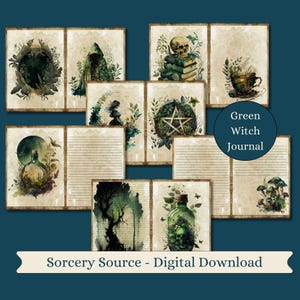 Dziennik Green Witch Junk, strony dziennika, karty ozdobne, efemerydy do scrapbookingu czarownic, efemerydy akwarelowe, strony BOS, pamiętnik czarownic