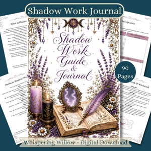 Peut inclure: Un guide et journal de travail de l'ombre de 90 pages, avec une illustration de couverture montrant un livre ouvert, une plume violette, un petit miroir orné et deux bougies entourés de lavande et de marguerites. Le texte indique Shadow Work Journal.
