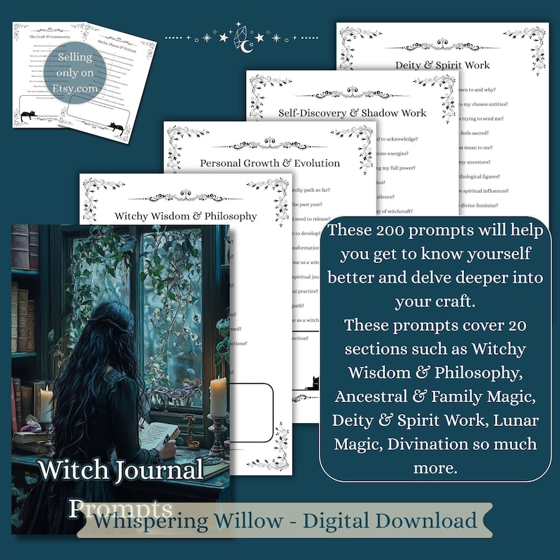 200 Witch Journal Prompts: Book of Shadows Grimoire Pages Inserts (PDF Download) image 2