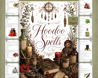 May include: A digital collection of 40 Hoodoo Spells across 26 pages, featuring a central title page with ornate gold filigree, a vintage book labeled Conjure Protect Manifest, a voodoo doll, candles, glass bottles, and various herbs.