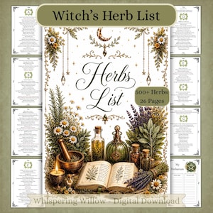 May include: A digital collection of 26 pages titled Witch's Herb List, featuring an open book with botanical illustrations, glass apothecary bottles, a mortar and pestle, a lit candle, and bundles of lavender and chamomile flowers on a white background.