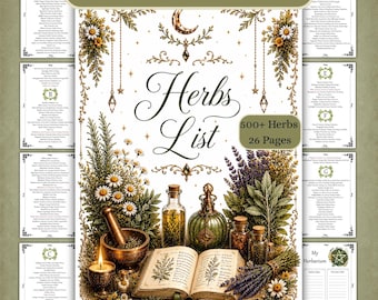 Witch's Herbs List, Book of Shadows Grimoire Pages, Baby Witch Pages Watercolor Designs