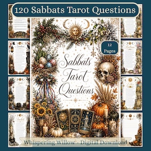 Pode incluir: Um download digital de 12 páginas intitulado 120 Sabbats Tarot Questions com ilustrações ornamentadas de um sol, caveira, abóboras, girassóis e cartas de tarô. O design inclui motivos sazonais para Samhain, Yule, Imbolc, Beltane e Litha.