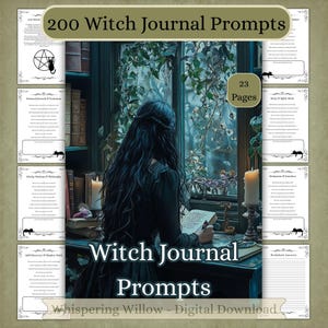 May include: A digital download titled 200 Witch Journal Prompts featuring 23 pages of text. The central image shows a person with long dark hair sitting at a desk by a window, writing in a book, surrounded by candles, books, and greenery.
