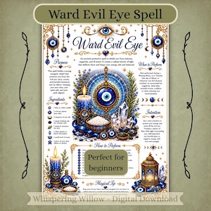 Könnte beinhalten: Ein digitaler Druck mit dem Titel Ward Evil Eye Spell, der Anleitungen für ein Schutzritual enthält. Das Design zeigt Illustrationen von blauen Kerzen, Schutzamuletten, Kristallen und Salzschalen sowie Text, der den Zweck und die Schritte beschreibt.