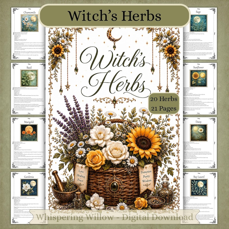 Puede incluir: Una descarga digital titulada Witch's Herbs que incluye 20 hierbas y 21 p&aacute;ginas. La portada muestra una cesta tejida llena de girasoles, rosas y lavanda, con el texto Witch's Herbs, Love Healing Peace y Protection Purity Wisdom.