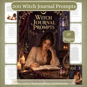 Może przedstawiać: Cyfrowa kolekcja 200 Witch Journal Prompts na 27 stronach. Główny obraz przedstawia osobę piszącą w książce przy biurku ze świecami i lustrem. Tekst zawiera 200 Witch Journal Prompts, 27 Pages oraz A Witch's Prayer.