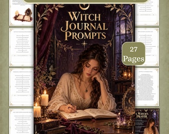 May include: A digital collection of 200 Witch Journal Prompts across 27 pages. The central image features a person writing in a book at a desk with candles and a mirror. Text includes 200 Witch Journal Prompts, 27 Pages, and A Witch's Prayer.