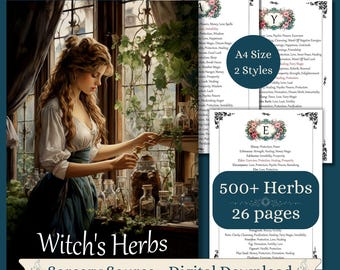 Witch&#39;s Herbs List, Book of Shadows Grimoire Pages, Baby Witch Pages Watercolor Designs