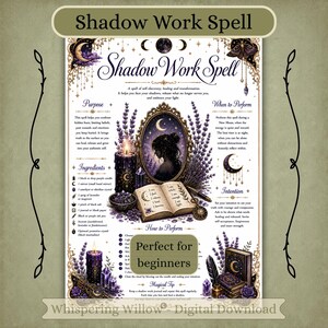 May include: A Shadow Work Spell instructional print featuring a central mirror, an open book with text, a lit candle, and lavender sprigs. The design includes celestial motifs like moons and stars, with sections detailing the purpose, ingredients, and steps.