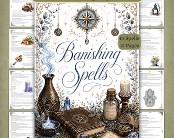 Può includere: Una collezione digitale di 15 pagine contenente 40 incantesimi di bando. La copertina mostra una bussola centrale, un libro rilegato in pelle con un pentagramma, un vaso fumante, una candela accesa e flaconi con il testo Protection Purification Release.