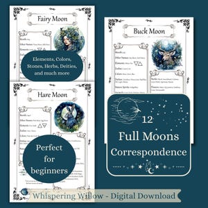 12 Full Moons Correspondence, Book of Shadows Grimoire Pages, Baby Witch BOS Printable
