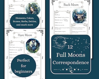 12 correspondentie met volle manen, Grimoire-pagina's Book of Shadows, afdrukbare babyheks BOS
