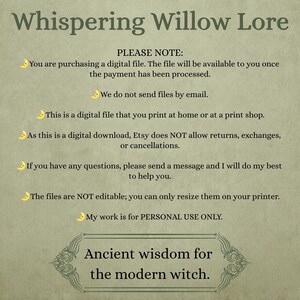 Puede incluir: Una hoja de informaci&oacute;n digital titulada Whispering Willow Lore sobre un fondo verde salvia texturizado. Presenta iconos de media luna amarillos junto a un texto que explica que es un archivo digital no editable para uso personal.
