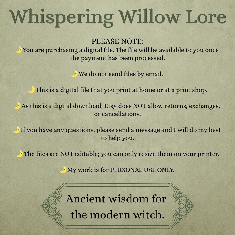 Puede incluir: Una hoja de informaci&oacute;n digital titulada Whispering Willow Lore sobre un fondo verde salvia texturizado. Presenta iconos de media luna amarillos junto a un texto que explica que es un archivo digital no editable para uso personal.