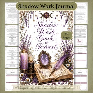 May include: A Shadow Work Journal with 90 pages, featuring a white cover with purple lavender, two candles, a small ornate mirror, and a purple quill pen. The text reads Shadow Work Journal and Shadow Work Guide & Journal.