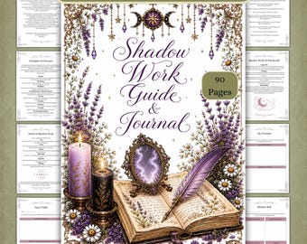 Può includere: Un diario di Shadow Work di 90 pagine con copertina bianca decorata con lavanda viola, due candele, un piccolo specchio ornamentale e una penna a piuma viola. Il testo recita Shadow Work Journal e Shadow Work Guide & Journal.