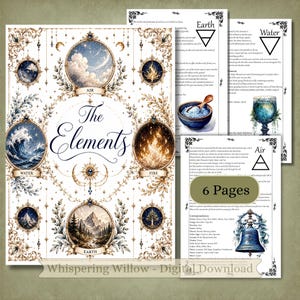 May include: A six-page digital download titled The Elements, featuring ornate circular illustrations of air, water, fire, and earth. The pages include descriptive text, symbolic icons, and detailed imagery of natural landscapes, a bell, and a bowl.