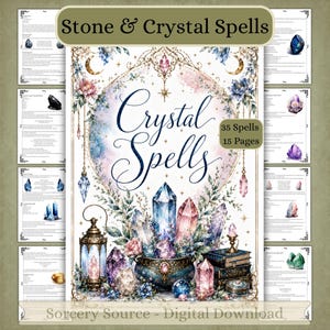 Puede incluir: Una descarga digital titulada Stone & Crystal Spells que contiene 35 hechizos en 15 páginas. La portada muestra un caldero central lleno de cristales, una linterna, libros apilados y detalles florales bajo un arco dorado.