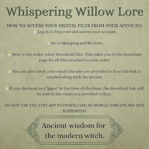Puede incluir: Un gr&aacute;fico informativo de color verde claro titulado Whispering Willow Lore. Proporciona instrucciones para acceder a archivos digitales en Etsy, utiliza iconos de velas como vi&ntilde;etas e incluye el texto Ancient wisdom for the modern witch.