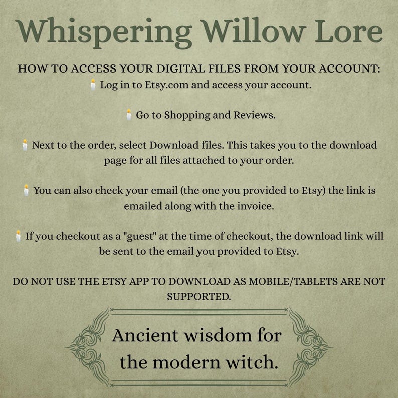Puede incluir: Un gr&aacute;fico informativo de color verde claro titulado Whispering Willow Lore. Proporciona instrucciones para acceder a archivos digitales en Etsy, utiliza iconos de velas como vi&ntilde;etas e incluye el texto Ancient wisdom for the modern witch.