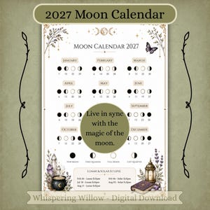 May include: A 2027 moon calendar print featuring monthly lunar phases, a butterfly illustration, and a central text overlay that reads, Live in sync with the magic of the moon. The bottom section includes a lunar and solar eclipse schedule.