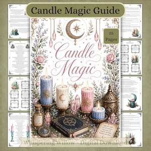 Op de afbeelding: Een digitale gids van 25 pagina's over kaarsmagie met illustraties van brandende kaarsen, kristallen, een boek met een pentagram en bloemen. De tekst bevat Candle Magic, Candle Magic Guide en Whispering Willow - Digital Download.