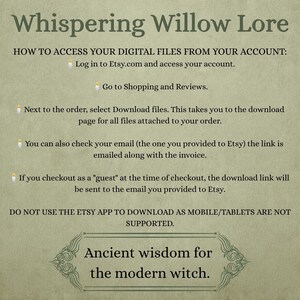 Puede incluir: Un gr&aacute;fico informativo de color verde claro titulado Whispering Willow Lore. Proporciona instrucciones para acceder a archivos digitales en Etsy, utiliza iconos de velas como vi&ntilde;etas e incluye el texto Ancient wisdom for the modern witch.