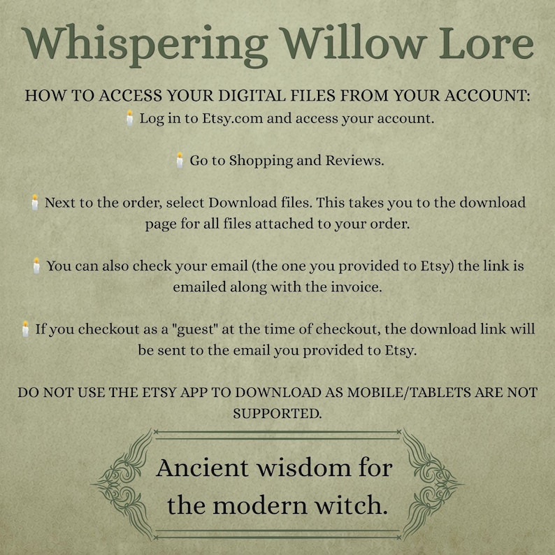 Puede incluir: Un gr&aacute;fico informativo de color verde claro titulado Whispering Willow Lore. Proporciona instrucciones para acceder a archivos digitales en Etsy, utiliza iconos de velas como vi&ntilde;etas e incluye el texto Ancient wisdom for the modern witch.