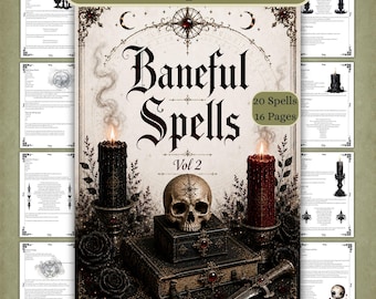 Può includere: Un download digitale intitolato Baneful Spells vol.2 contenente 20 incantesimi su 16 pagine. La copertina mostra un teschio umano appoggiato su scatole decorate impilate, affiancato da una candela nera e una rossa, con rose nere e un pugnale.