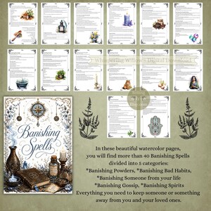 May include: A collection of digital pages featuring Banishing Spells with watercolor illustrations of candles, herbs, crystals, and books. The main cover displays the text Banishing Spells with a compass, a dark bottle, and a leather-bound book.