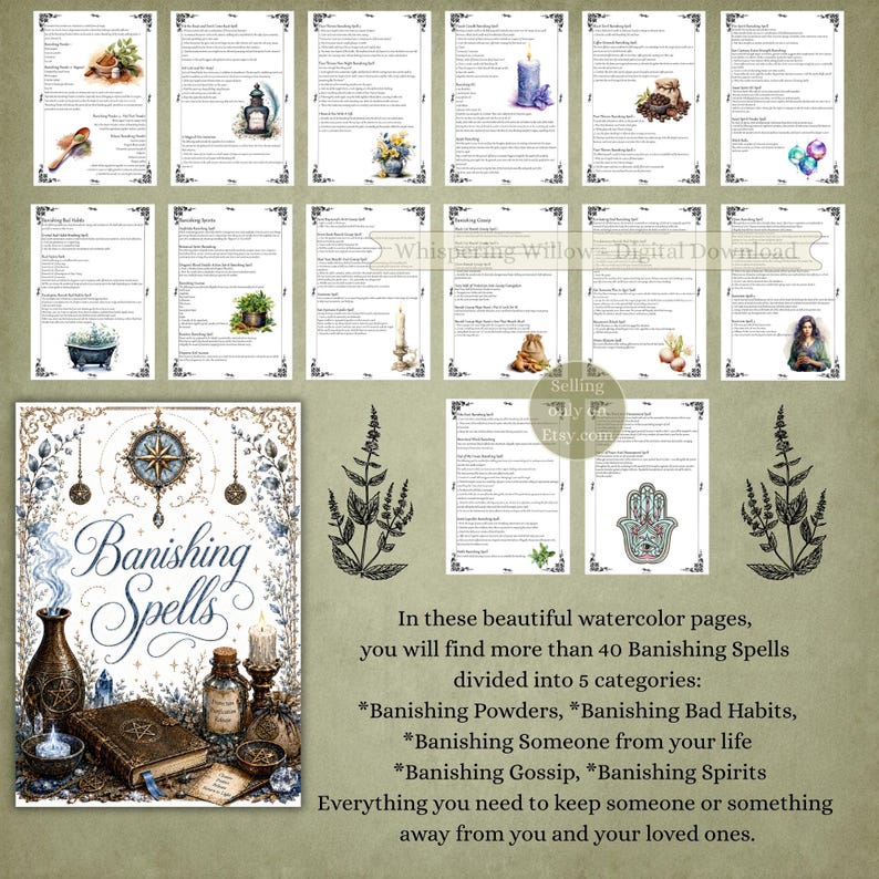 May include: A collection of digital pages featuring Banishing Spells with watercolor illustrations of candles, herbs, crystals, and books. The main cover displays the text Banishing Spells with a compass, a dark bottle, and a leather-bound book.