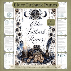 May include: A 16-page digital download guide titled Elder Futhark Runes, featuring a central illustration of a candle, crystals, a pouch, and carved stone runes surrounded by botanical motifs, moons, and a quill pen on a white background.