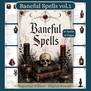 May include: A digital download titled Baneful Spells vol.1 featuring 20 spells across 19 pages. The cover art displays a human skull resting on two stacked antique books, flanked by two lit candles in ornate holders, a goblet, and incense.