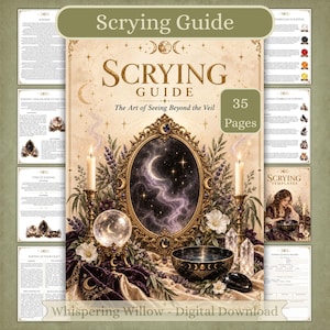 May include: A 35-page Scrying Guide digital download featuring the text Scrying Guide The Art of Seeing Beyond the Veil. The cover displays an ornate gold mirror, a crystal ball, candles, and a bowl on a purple and gold cloth.