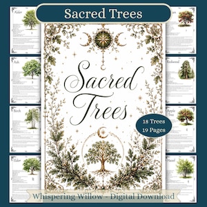 May include: A digital download collection titled Sacred Trees featuring 19 pages and 18 trees. The central cover displays the text Sacred Trees with botanical illustrations, a central tree, and celestial symbols including moons and stars.