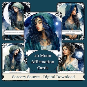 40 Tarjetas de Afirmaciones Lunares, Afirmaciones Lunares Positivas para Brujas, Tarjetas Imprimibles de Atención Plena para Brujas