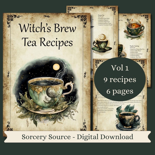 Witch’s Brew 9 Tea Recipes, BOS Pages, Grimoire Pages, Book of Shadows, Witchcraft, Baby Witch Tools, Wiccan Witch
