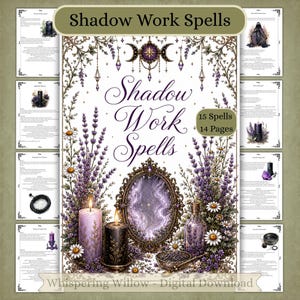 May include: A digital download titled Shadow Work Spells featuring 15 spells across 14 pages. The central graphic displays a decorative mirror, a light purple candle, a black candle, lavender sprigs, daisies, and a glass bottle on a white background.