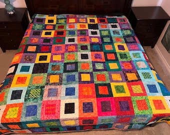 Bright batik block-in-a-block king size quilt