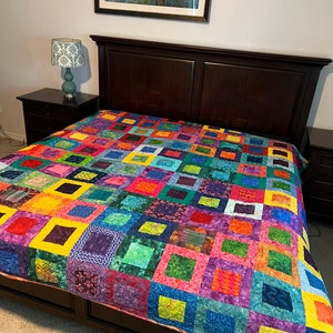 Batik king size quilt in block in a block pattern image 3