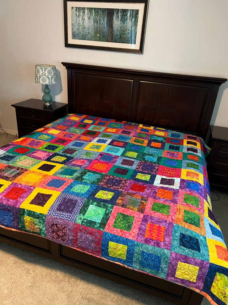 Batik king size quilt in block in a block pattern image 3