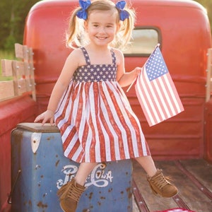 Vestido de la bandera estadounidense, traje patriótico, vestido de la bandera rústica, traje del Día de los Caídos, vestido del Día de la Independencia, vestido de las niñas