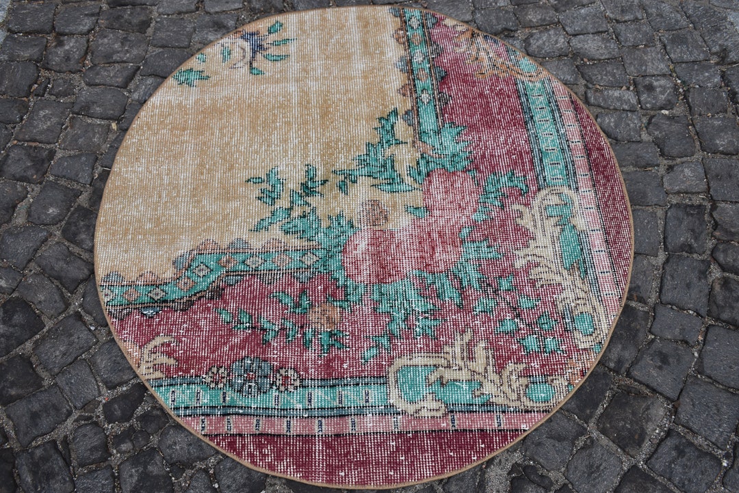 Vintage Round Rug, Handmade Rug, Free Shipping 3.3 X 3.3 Ft, Oriental