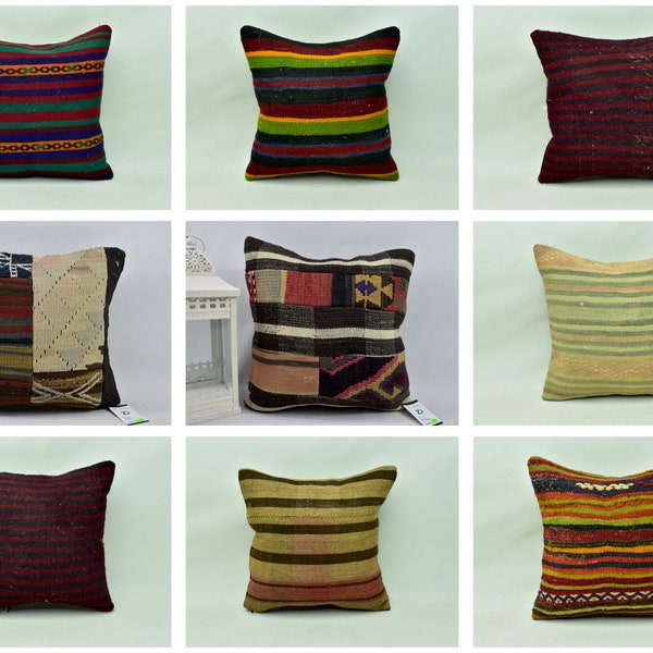 Anatolian kilim pillows, Handwoven kilim pillow, Bedding pillow, Throw pillow, Decorative wool kilim pillow, 16x16 Pillow cover, SET B
