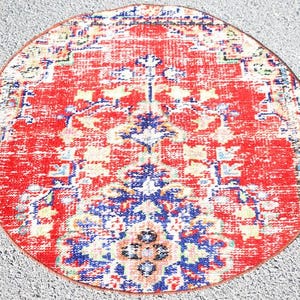 Red Circle rug, Round rug, Turkish rug, Circle rug, Handmade rug, 3.2 x 3.2 Ft Small rug, Bathroom Area rug, Oushak rug, Boho rug, Zd2681