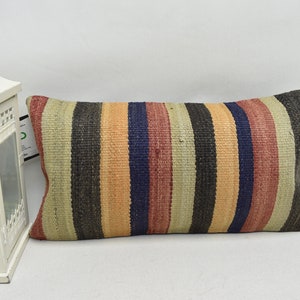 decorative kilim pillow cover / striped pillow / natural pillow / handmade wool pillow / nomadic pillow / 10x20 pillow cover / code 2512
