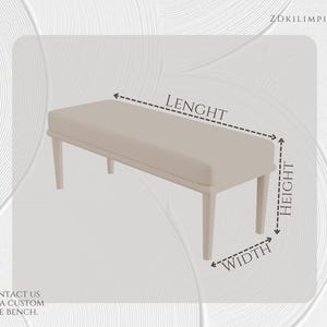 Puede incluir: Un banco tapizado beige con cuatro patas. La imagen incluye etiquetas para la longitud, la altura y el ancho. Tambi&eacute;n es visible el texto "CONT&Aacute;CTENOS PARA UN BANCO DE TAMA&Ntilde;O PERSONALIZADO". El nombre de la marca "ZDKILIMPILLOW" est&aacute; en la esquina superior derecha.